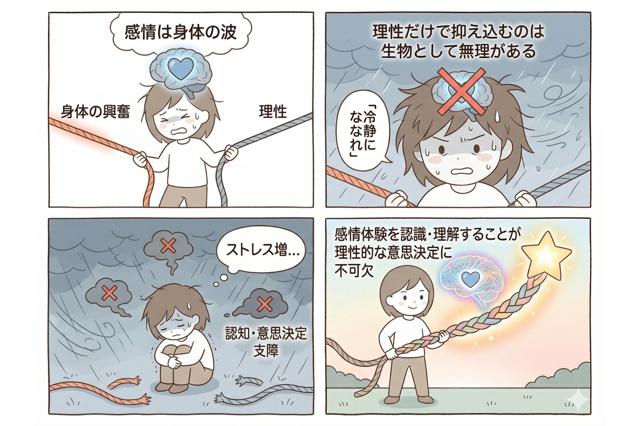 理性優位の捉え方を再考する四コマ漫画。脳(理性)が強力なエンジンで身体の興奮(感情)を引っ張る古い図解、嵐の中で小さな「理性」の傘をさす主人公、そして身体(土台)の上に理性が立つ図解と、落ち着いた主人公。