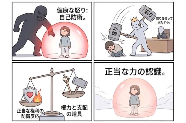 怒りの種類を描いた四コマ漫画。巨大な影に追い詰められた主人公の赤いオーラ(健全な怒り・防衛反応)と、王冠の人物が振るうハンマー(不健全な怒り・支配の道具)、それらの違いを示す天秤、そして安心した表情の主人公。