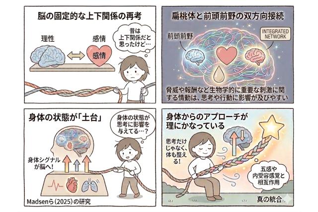 「理性と感情の脳・身体統合:Madsen研究2025」をテーマにした4コマ漫画。1. 理性と感情の古い綱引き図。2. 脳内ネットワークの図(扁桃体と前頭前野の双方向接続)。3. Madsenら(2025)の研究に基づく、身体の状態が「土台」であることを示す図(身体の状態が思考に影響を与えている・・・?)。4. 「身体からのアプローチが理にかなっている」という結論の図。虹色の統合された綱を握る笑顔の子供。