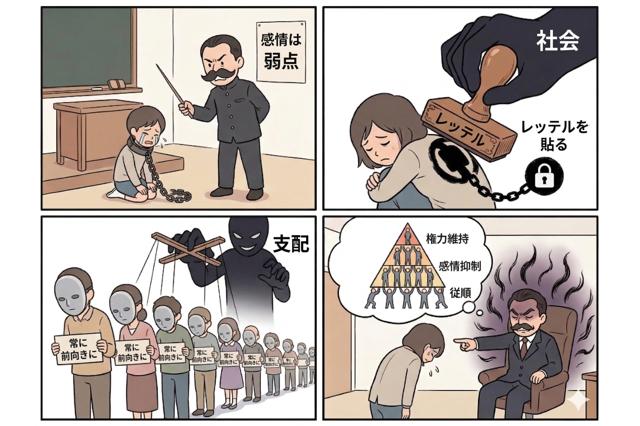 感情抑圧の歴史を描いた四コマ漫画。厳しい教師に泣く子供(ポスターに「感情は弱さ」)、社会の手によるレッテルのスタンプ、無表情な灰色マスクの集団、部下を支配する上司の姿。