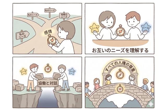 感情を大切にする価値を描いた四コマ漫画。感情(コンパス)からニーズ(星)を理解し、その星とコンパスを頼りに二人が協力して橋(対話・コラボレーション)を架け、多様な人々が「人権尊重」のアーチを渡る様子。