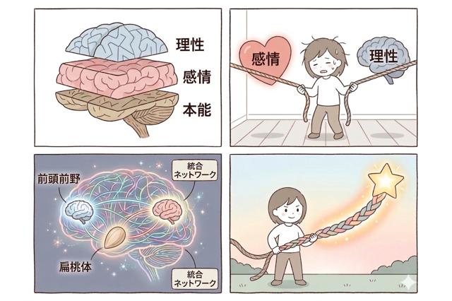 脳科学の知見を描いた四コマ漫画。古い脳モデル(階層構造)から、感情(ハート)と理性(脳)が葛藤する様子を経て、最新の統合された脳内ネットワーク、そして一本に編み合わされたロープを持つ主人公へ。