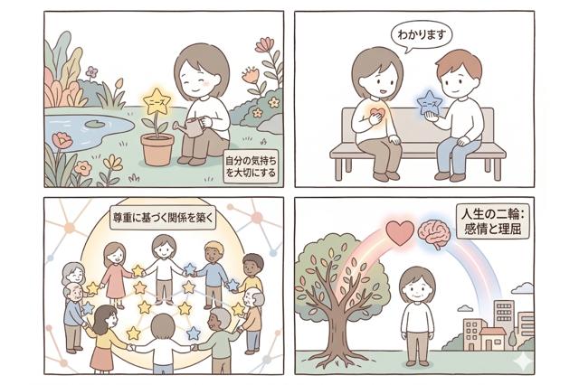 成熟した理性人を描いた四コマ漫画。自分のニーズ(星)をケアし、他者のニーズを聴き、多様な人々と尊重に基づいた関係(ネットワーク)を築き、最後に感情と理性を統合した穏やかな大人になる様子。