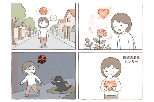 感情を「心のセンサー」として描いた四コマ漫画。主人公が散歩中、嬉しい時はハート、不安な時はギザギザのセンサーが反応し、最後にセンサーを大切にする様子。